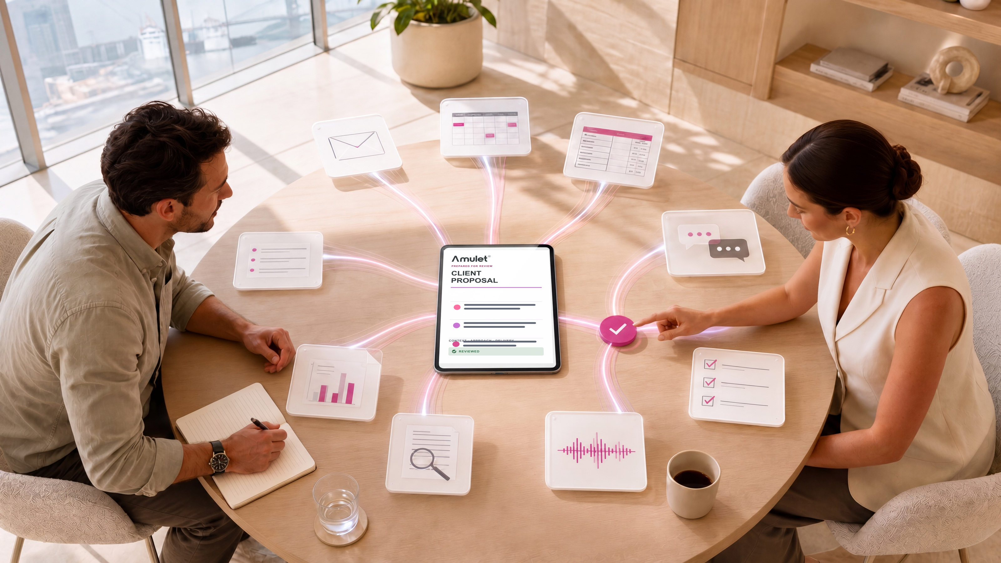 A conceptual client proposal workflow keeps source material and human review connected.